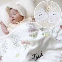出産祝いのギフトセット 名入れブランケットと名入れミニハンカチ2枚とがらがらのギフトセット・ジャルダンスクレ