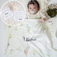 出産祝いのギフトセット 名入れブランケットと名入れミニハンカチ2枚とがらがらのギフトセット・セデュイール