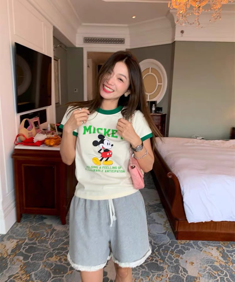 予約販売】Mickey ビンテージデザインプリント リンガーTシャツ | KISHIKA