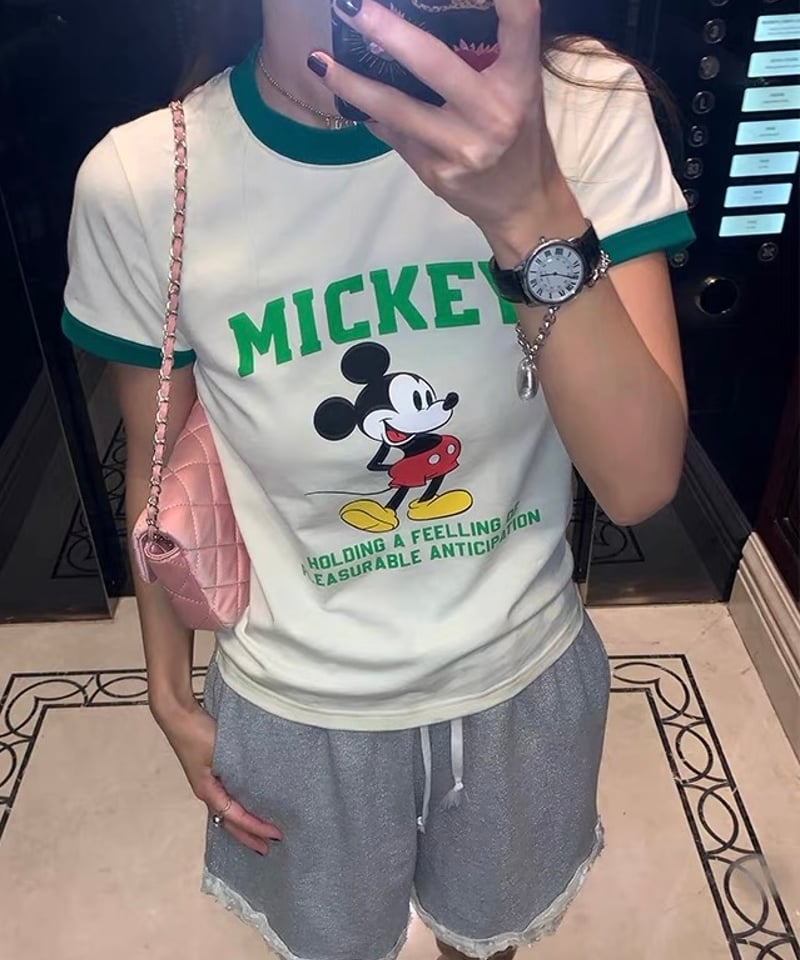 予約販売】Mickey ビンテージデザインプリント リンガーTシャツ | KISHIKA