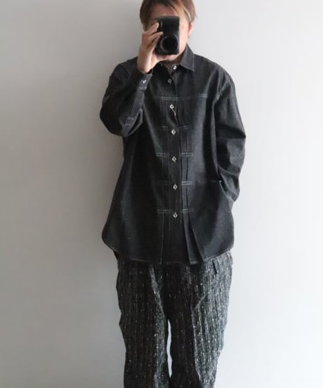 Cotton Silk Denim Box Pleated Baggy Shirt     [Robes&Confections]