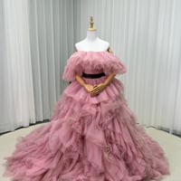 カラードレス ピンク2色 オフショルダー  サッシュベルト ふわふわドレス 華やかなトレーン 花嫁 前撮り