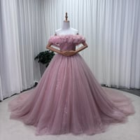 カラードレス くすみピンク  フリルオフショルダー シークインチュール 編み上げ 華やかなトレーン 花嫁