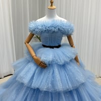 カラードレス 青 シークインチュール ボリュームドレス サッシュベルトオフショルダー 花嫁