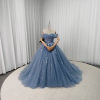 カラードレス 薄青 オフショルダー シークインチュール ボタニカル刺繍 編み上げ 花嫁 前撮り