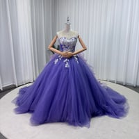 カラードレス パープル シークインチュール レース 取り外し可能な華やかなトレーン 編み上げ 花嫁 前撮り