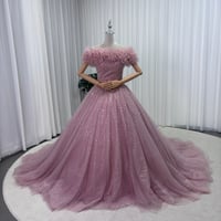 カラードレス ピンク オフショルダー 手作珠繍 シークインチュール 華やかなトレーン 花嫁 前撮り