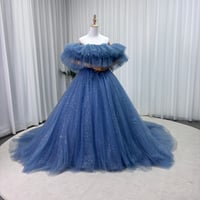 カラードレス 青 オフショルダー シークインチュール 編み上げ 華やかなトレーン 花嫁 前撮り