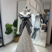 ウエディングドレス 韓国風ドレス オフホワイト インポートビジューレース  ハイネック ふっくら柔らかなバックリボン 細見えシルエット 結婚式