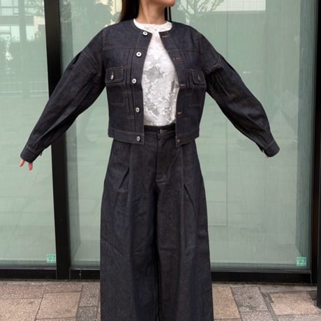 ノーカラーデザインスリーブデニムジャケット