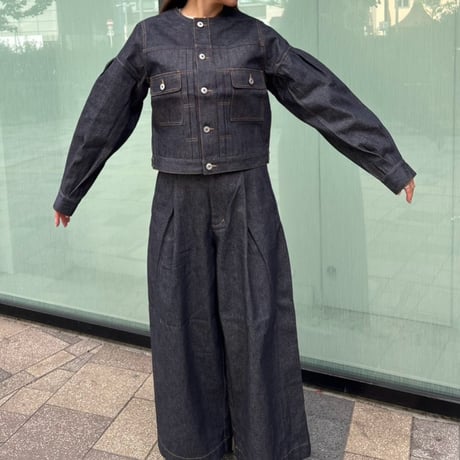 ノーカラーデザインスリーブデニムジャケット