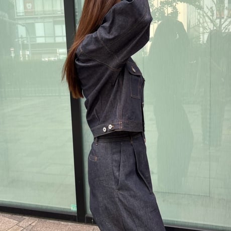 ノーカラーデザインスリーブデニムジャケット