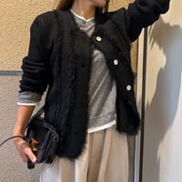 ジャケットライクフリンジニットカーディガン(ブラック)