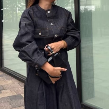 ノーカラーデザインスリーブデニムジャケット
