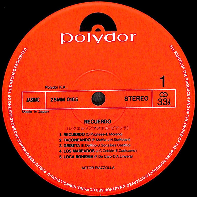 アストル・ピアソラ / レクエルド [※国内盤,品番:25MM 0165］(LP