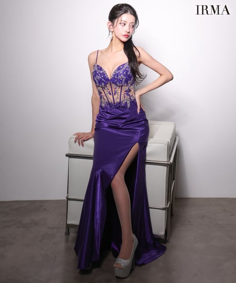 【IRMA】ストレッチシャイニーサテン/刺繡/シアー/スリット入り/LongDress【61229】