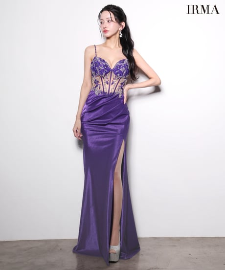 【IRMA】ストレッチシャイニーサテン/刺繡/シアー/スリット入り/LongDress【61229】