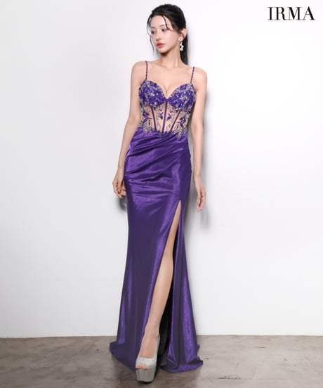 【IRMA】ストレッチシャイニーサテン/刺繡/シアー/スリット入り/LongDress【61229】