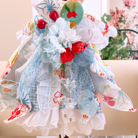 現品浴衣ワンピ❤サックス麻の葉浴衣ワンピ　胴32　丈23