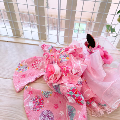 サンプル❤ピンク団扇浴衣ワンピ　胴35　丈23
