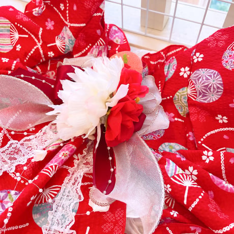 現品浴衣ワンピ❤赤団扇柄リップル浴衣ワンピ  胴34　丈26