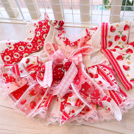 現品浴衣ワンピ❤苺パッチ浴衣ワンピ｛赤】　　胴38　丈26