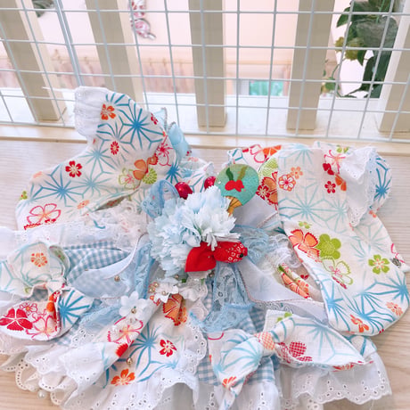 現品浴衣ワンピ❤サックス麻の葉浴衣ワンピ　胴32　丈23