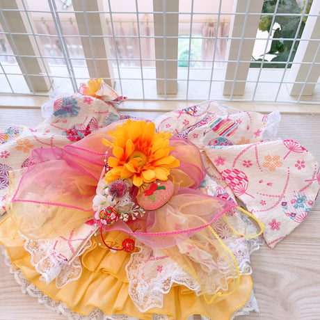 サンプル❤黄色団扇浴衣ワンピ　胴36　丈23
