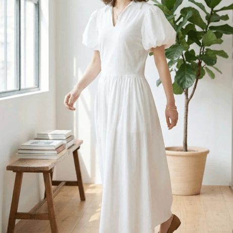 パフスリーブVネックロングワンピース