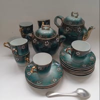 19世紀後半　リュネヴィル　サーヴィス・ド・テ　小花と唐草模様　グリーン　６点セット
