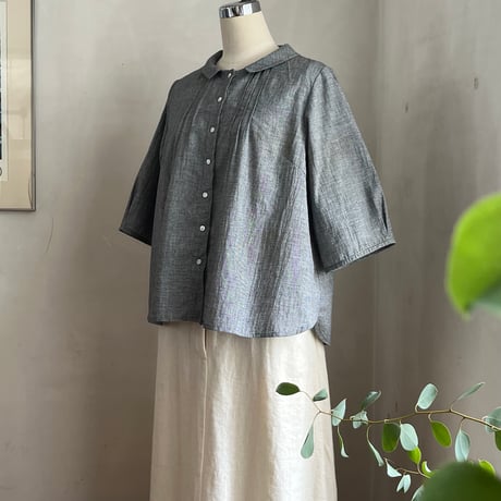 あんずブラウス(半袖)コットンリネンナチュラルボイル　ブラック千鳥01-26311-0681