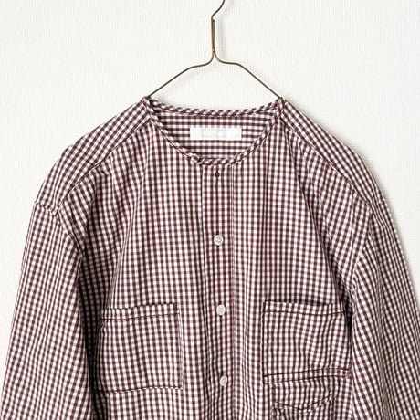 homspun タイプライター ノーカラーロングシャツ・ブラウンギンガムチェック