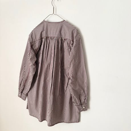 homspun タイプライター ノーカラーロングシャツ・ブラウンギンガムチェック