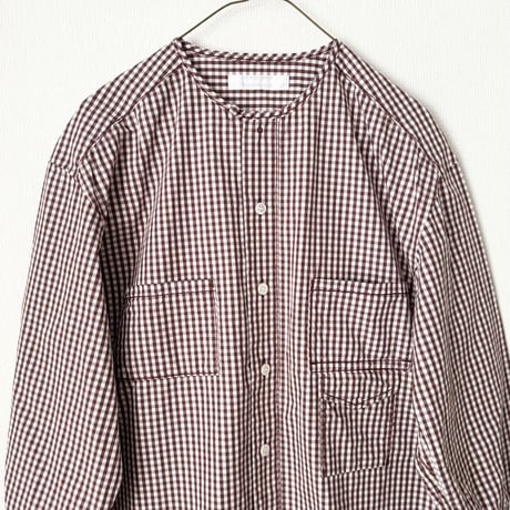 homspun タイプライター ノーカラーロングシャツ・ブラウンギンガムチェック