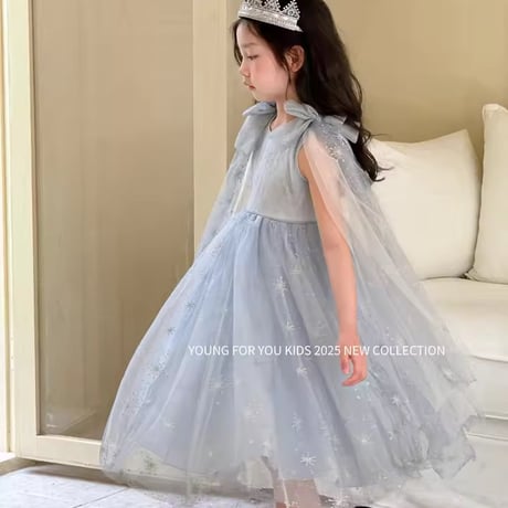 kids ブルースノーショルダーリボンチュールドレス(2253)