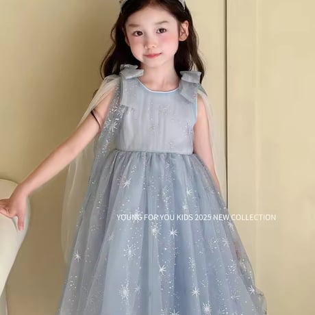 kids ブルースノーショルダーリボンチュールドレス(2253)