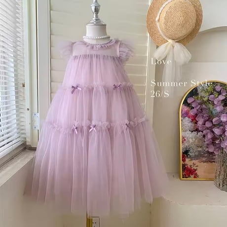 kids blue/pink パステルティアードminiリボンドレス(2354)