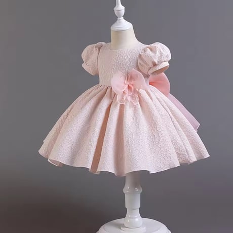 white/pink 半袖ビッグリボンローズジャガードドレス(2370)