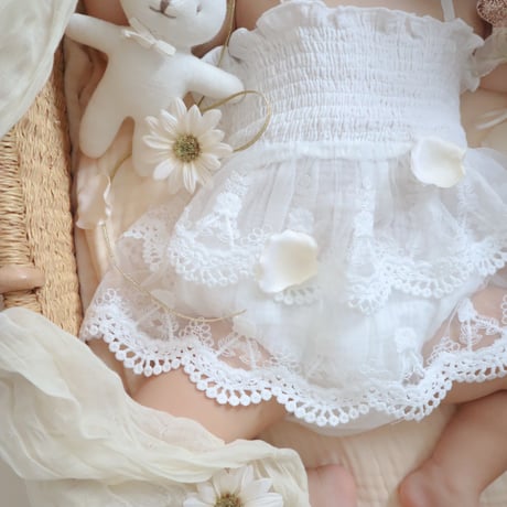 ヘアリボン付きホワイトリネンキャミチュールロンパース(1370)