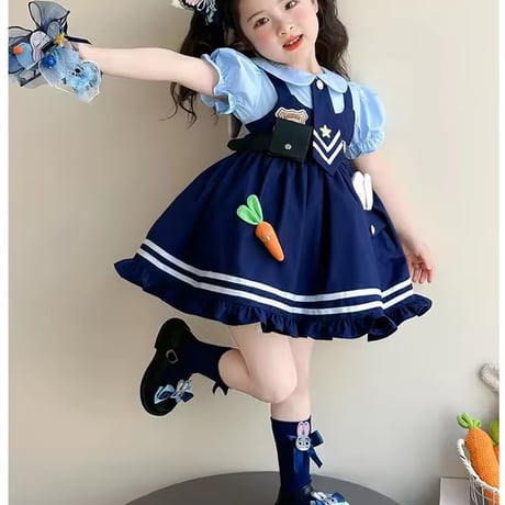 kids  半袖/長袖ネイビーラビットなりきりワンピース(2155)