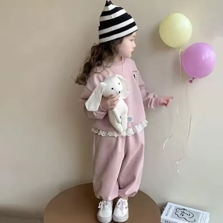 ピンクパープルウエストコットンフリルスウェットセットアップ(2403)