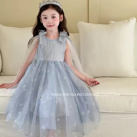 kids ブルースノーショルダーリボンチュールドレス(2253)