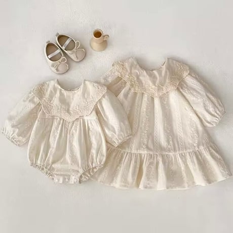 姉妹お揃いリコットコットンレースロンパースorワンピース(3250)