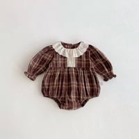 ブラウンチェックコットンレース襟ロンパース(2363)