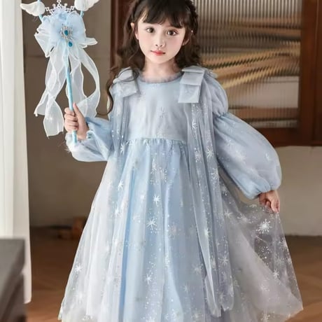 kids shoulder ribbon snow blueプリンセスドレス(2398)