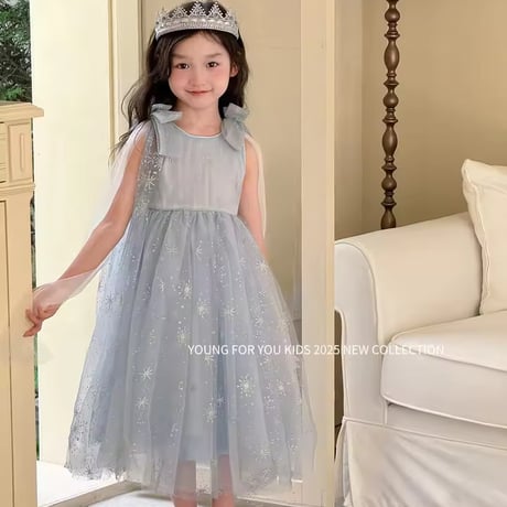 kids ブルースノーショルダーリボンチュールドレス(2253)