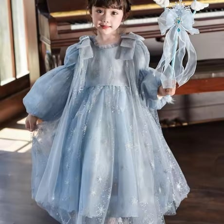 kids shoulder ribbon snow blueプリンセスドレス(2398)
