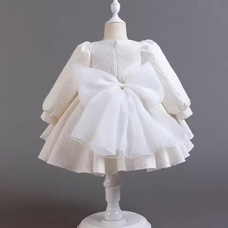 white/pink 長袖ビッグリボンローズジャガードドレス(817)
