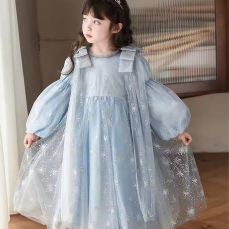 kids shoulder ribbon snow blueプリンセスドレス(2398)