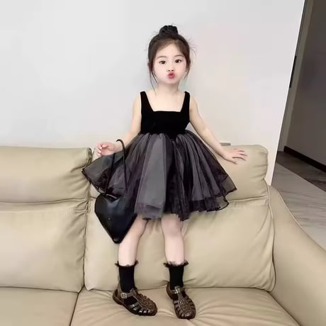 kids ブラックノースリーブメッシュチュールワンピース(2344)